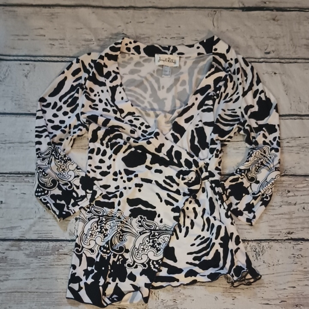 Joseph Ribkoff Black White Abstract Print Deep V Crossover Top 10